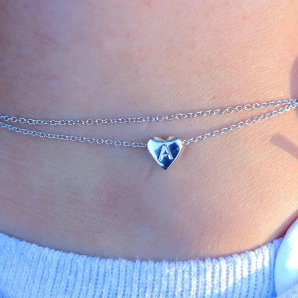 SILVER INITIAL ANKLET ❤️HEART CHARM PERSONALIZED ALPHABET DAINTY, ELDM22336 - Picture 4 of 12